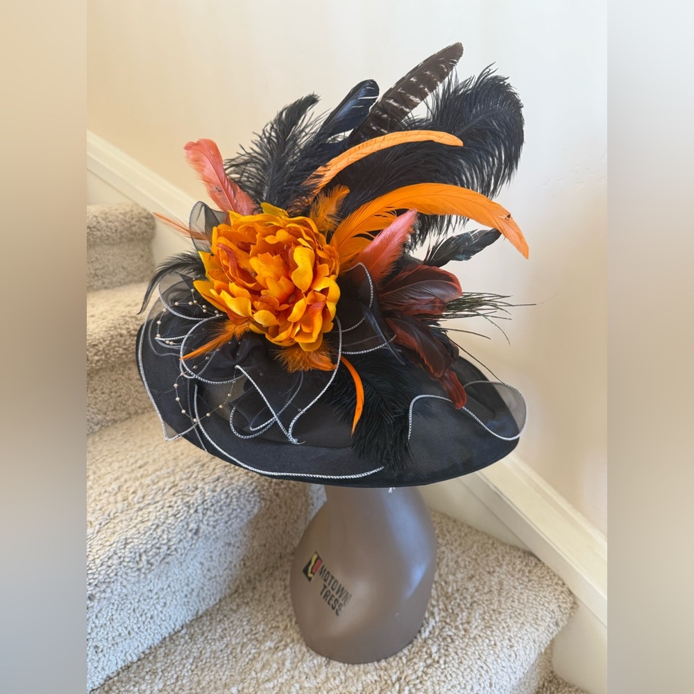 Black and Orange Feathered Floral Dress Hat